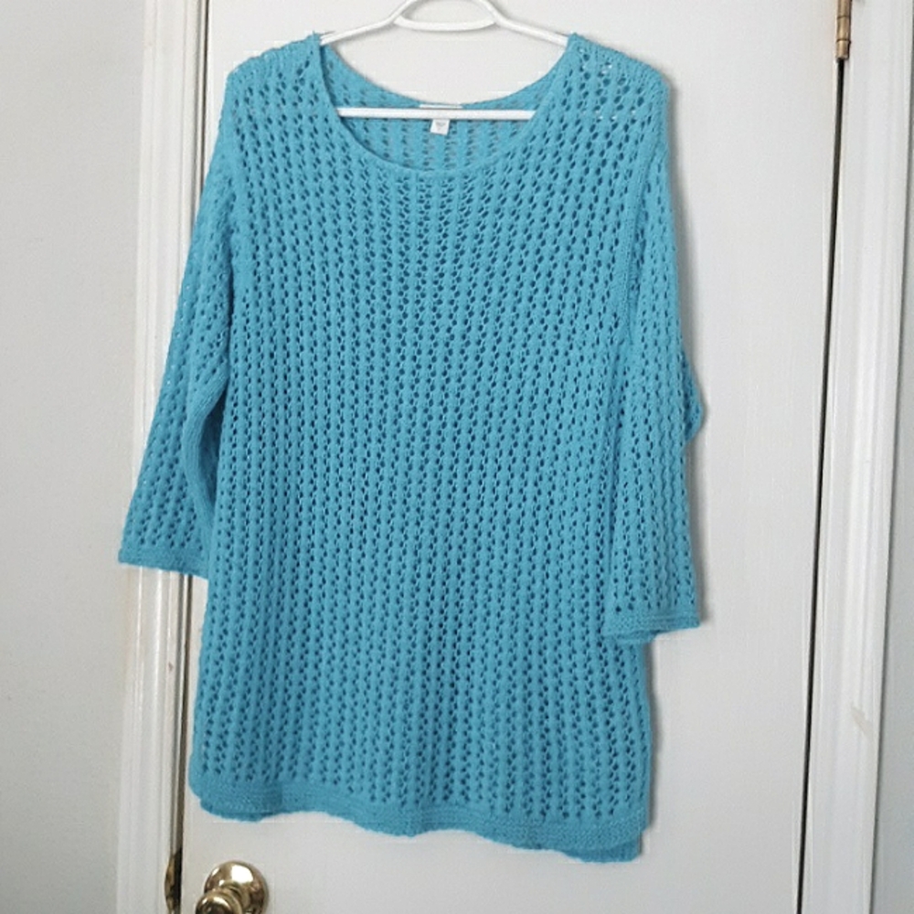 J.Jill Open Crochet Sweater 3/4 Sleeve Pullover Knit Tunic Open Stitch Top sz S